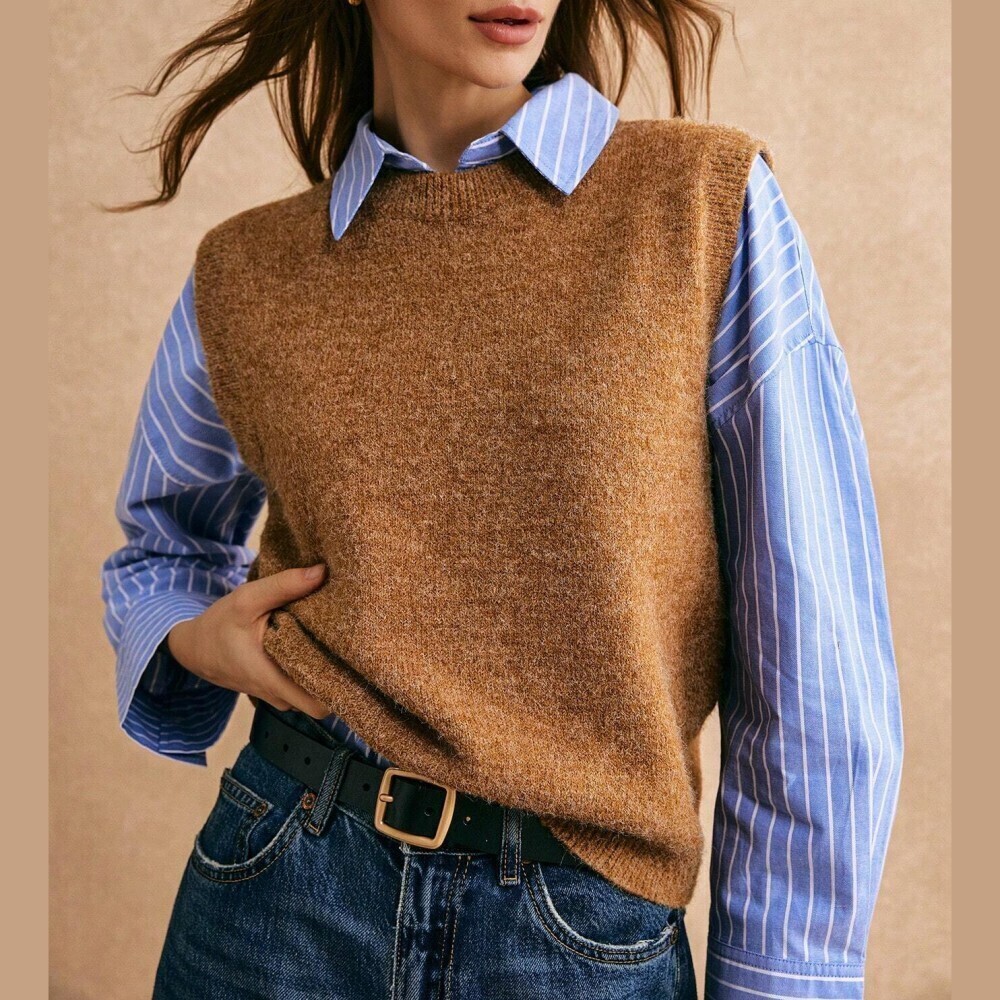 Brown / Tan Knit Crew Neck Sweater Vest